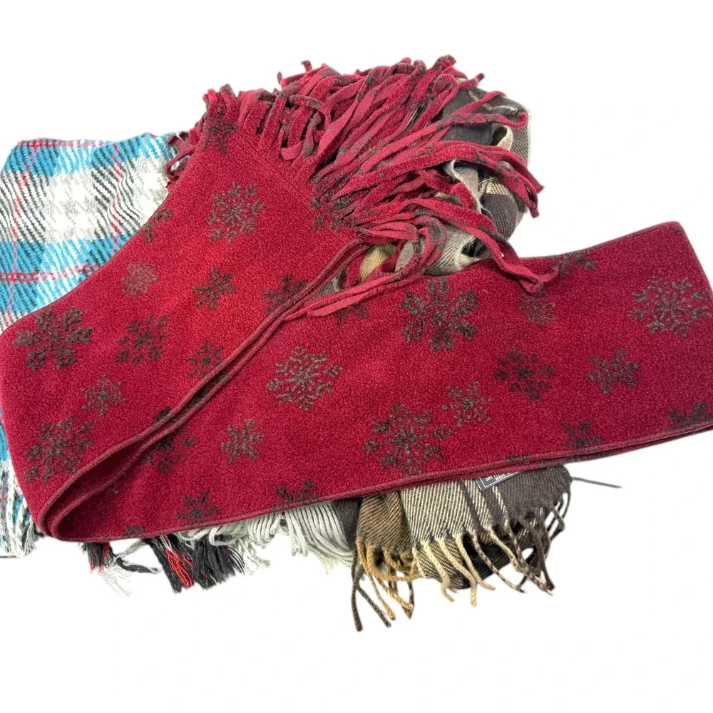 Lot of 4 Multicolor Scarf Bundle Plaid Snowflake Fringe Academic Winter Cozy
